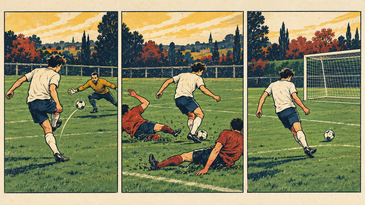 Original three-panel illustration of a fictional football sequence